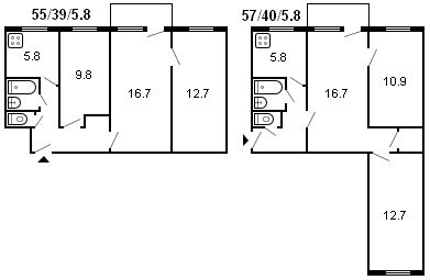 layout of a 3-room Khrushchev building, series 434, 1961