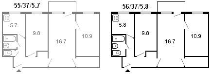 layout of a 3-room Khrushchev, series 434, 1964