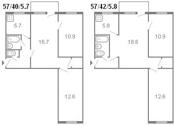 layout of a 3-room Khrushchev, series 434, 1964