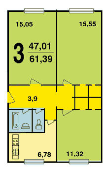 layout of a 3-room Khrushchev, K-7 series