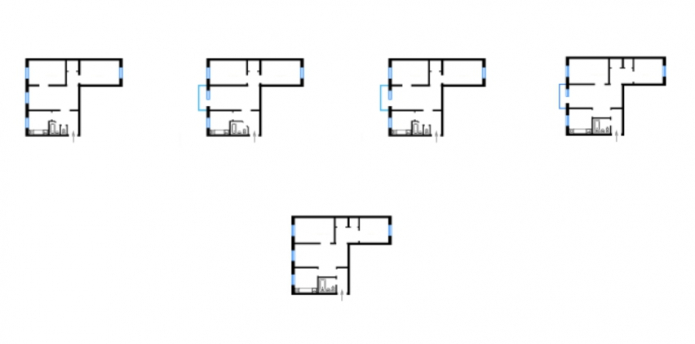 layouts of 3-room apartments in the building series 438