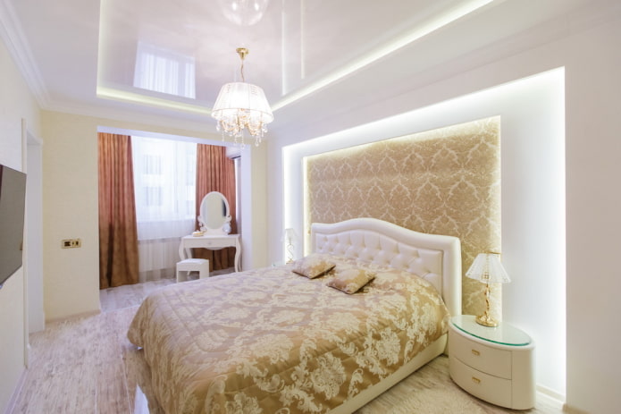 stretch ceiling with a chandelier in the bedroom