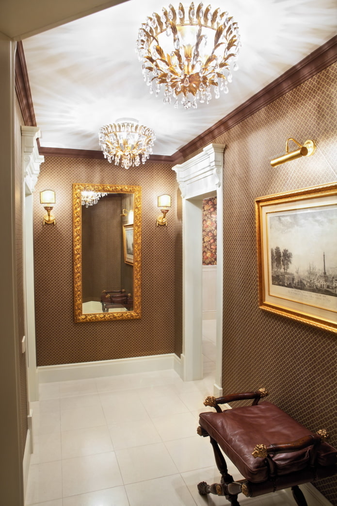 stretch ceiling with a chandelier in the hallway