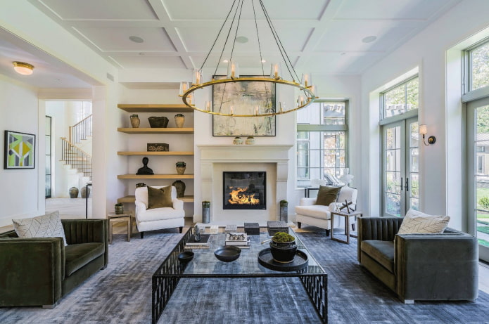 chandeliers on the ceiling in the living room design