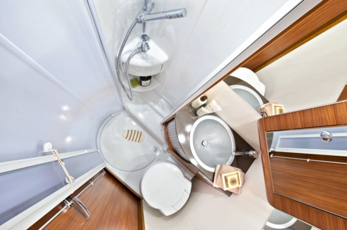 the interior of the bathroom in the motorhome
