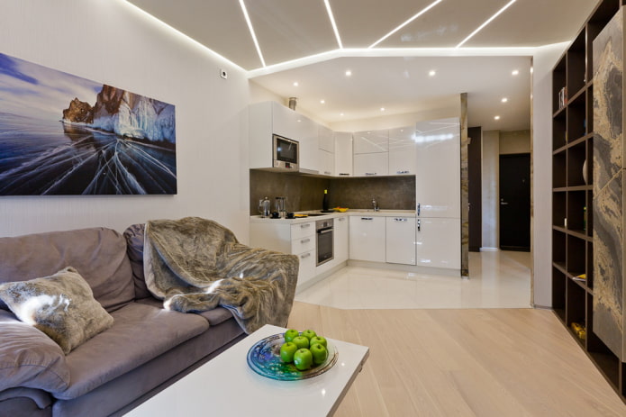 stretch ceiling with zoned lighting in the kitchen