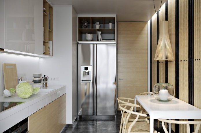 kitchen with an area of ​​9 squares with a refrigerator