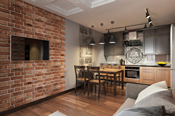 brickwork in the interior of the kitchen-living room