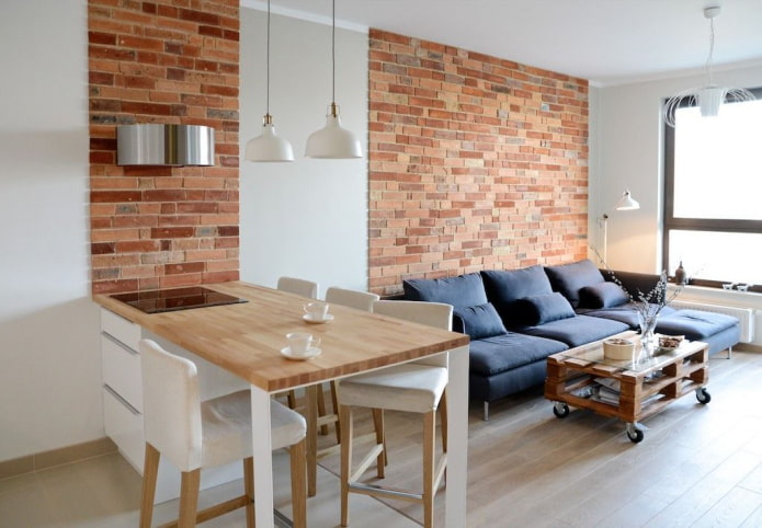brickwork in the interior of the kitchen-living room