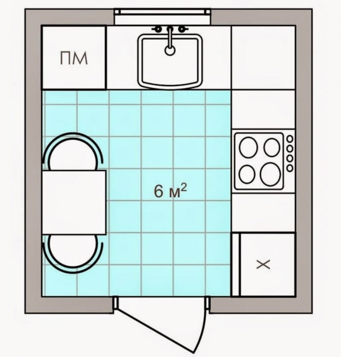 kitchen layout with an area of ​​6 squares