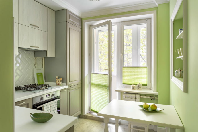 kitchen interior with an area of ​​8 square meters with a balcony