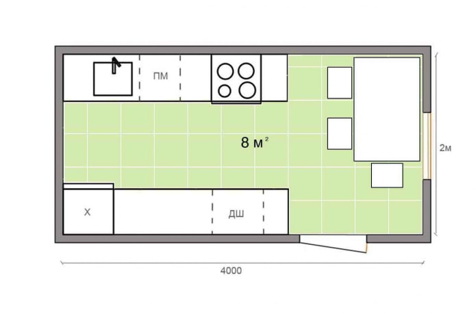 kitchen layout with an area of ​​8 sq m