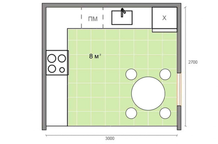 Küchenlayout mit einer Fläche von 8 m²