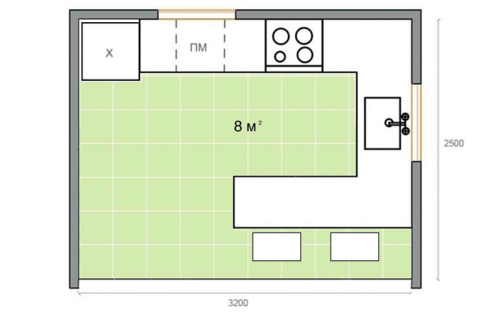 распоред кухиње површине 8 квадратних метара