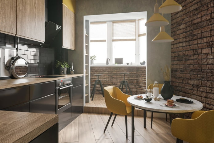 kitchen interior with an area of ​​8 square meters with a balcony