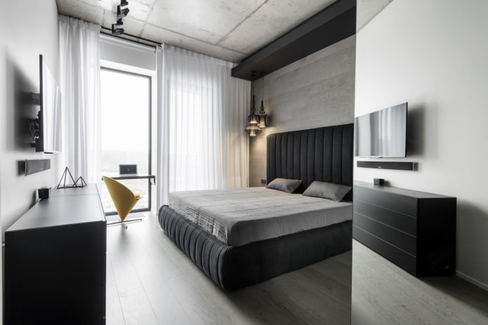 graues und schwarzes Schlafzimmerdesign