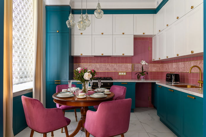 kitchen in turquoise colors with bright accents