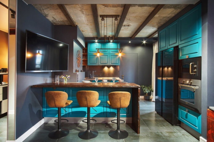 loft-style turquoise kitchen