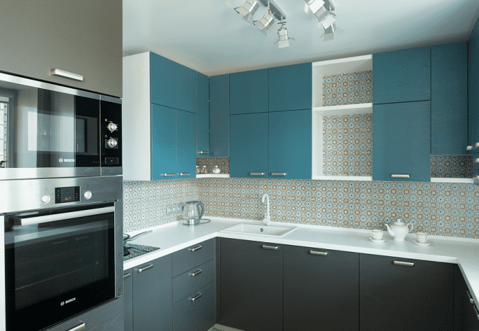 kitchen design in gray-turquoise colors