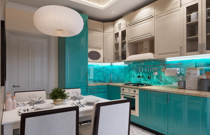 kitchen design in beige and turquoise colors