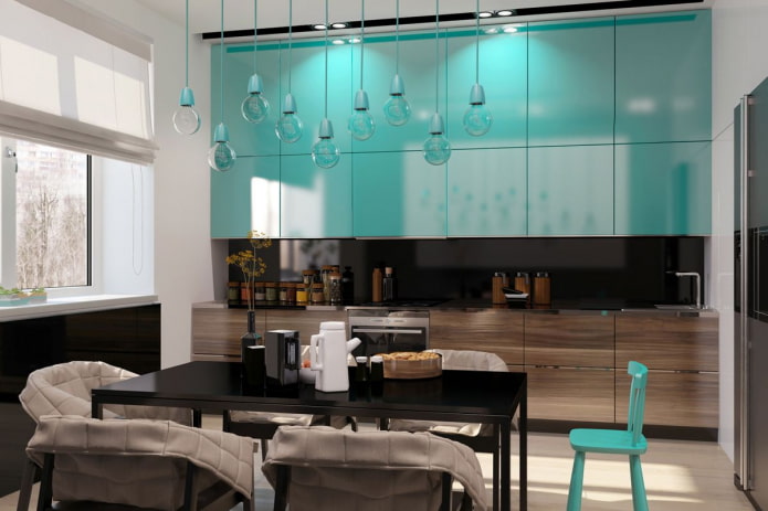 kitchen interior in turquoise brown tones