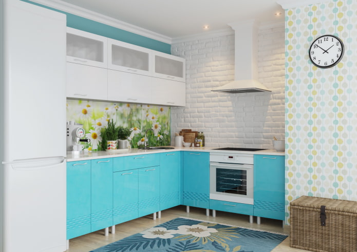 kitchen interior in white and turquoise colors