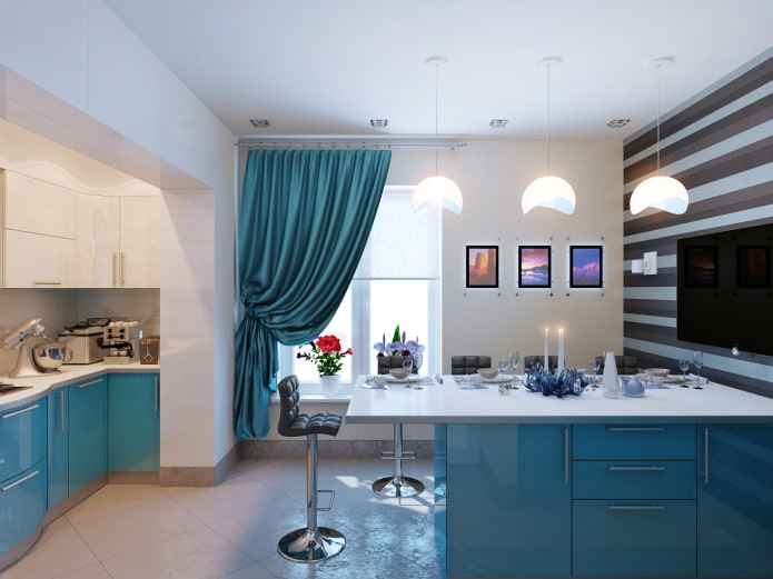 curtains in the interior of the kitchen in turquoise color