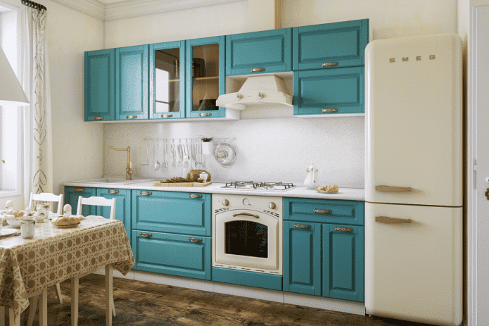 bútorok és háztartási gépek a türkizkonyhában