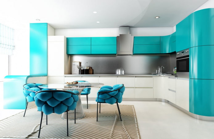 furniture and appliances in the turquoise kitchen