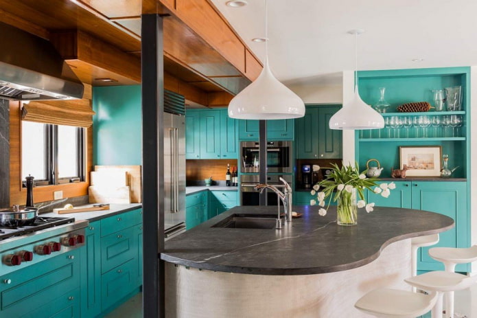 countertop in the interior of the kitchen in turquoise color