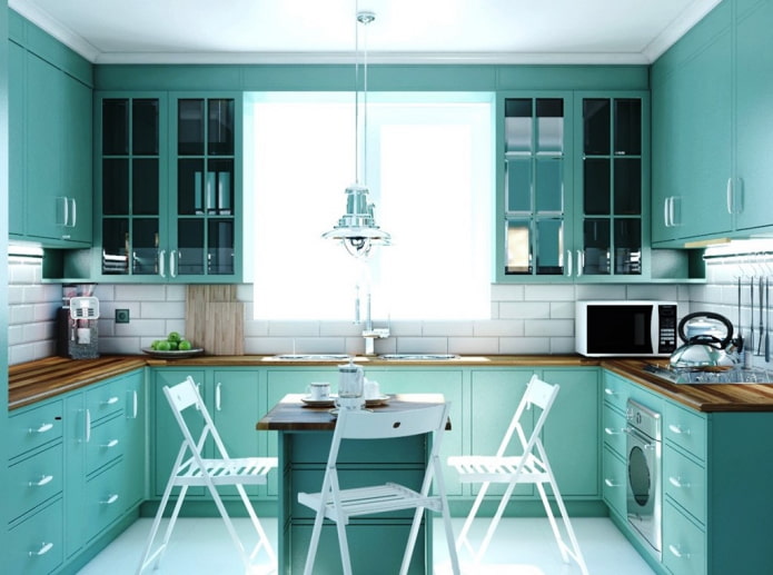 furniture and appliances in the turquoise kitchen