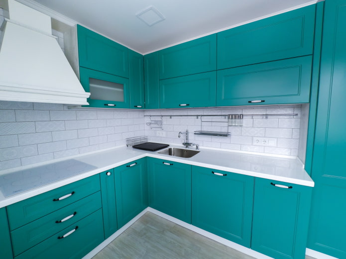 kitchen interior in white and turquoise colors