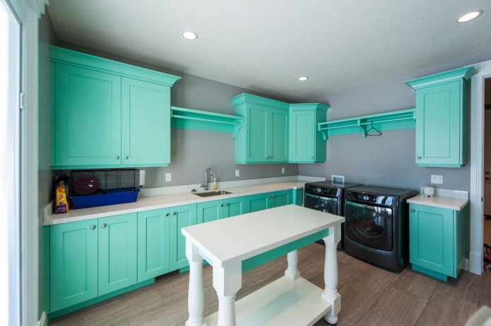 kitchen design in gray-turquoise colors