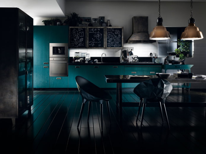 konyha belső fekete és türkiz színben