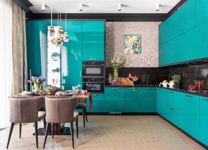 kitchen interior in black and turquoise colors