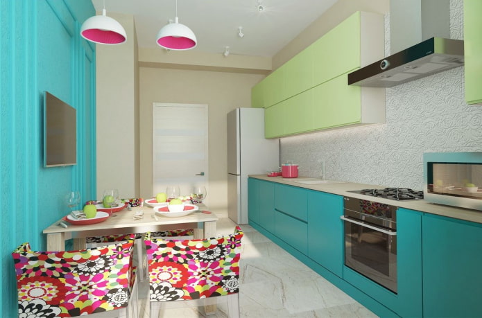 kitchen in turquoise colors with bright accents