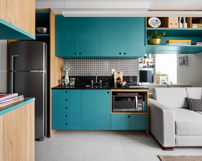 countertop in the interior of the kitchen in turquoise color