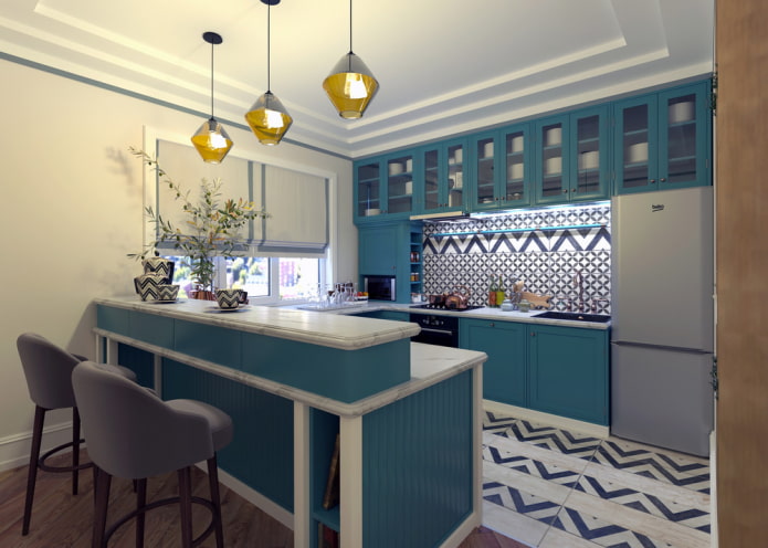 decor and textiles in the interior of the kitchen in turquoise color