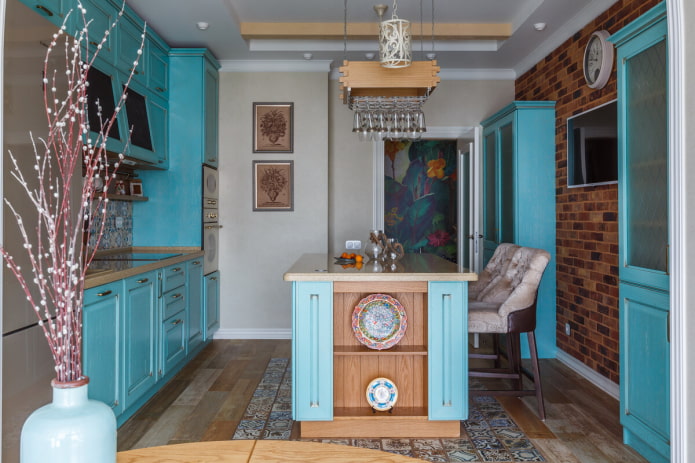 decor and textiles in the interior of the kitchen in turquoise color