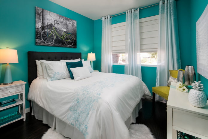 textiles and decor in the turquoise bedroom