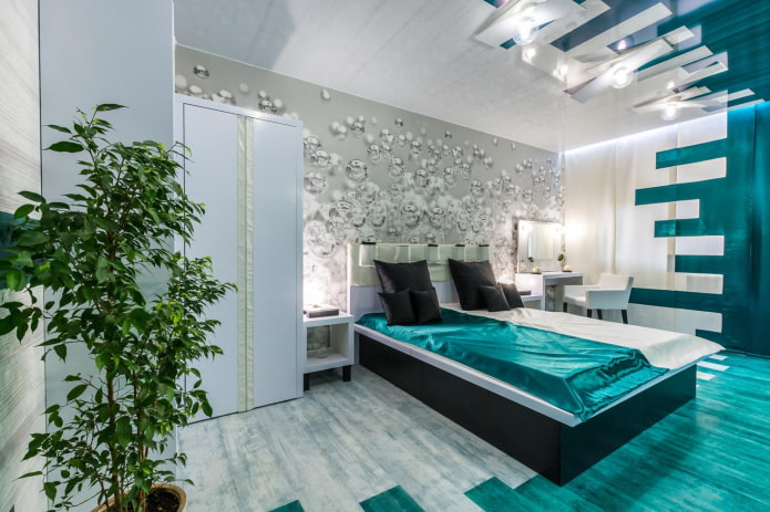 white and turquoise bedroom interior