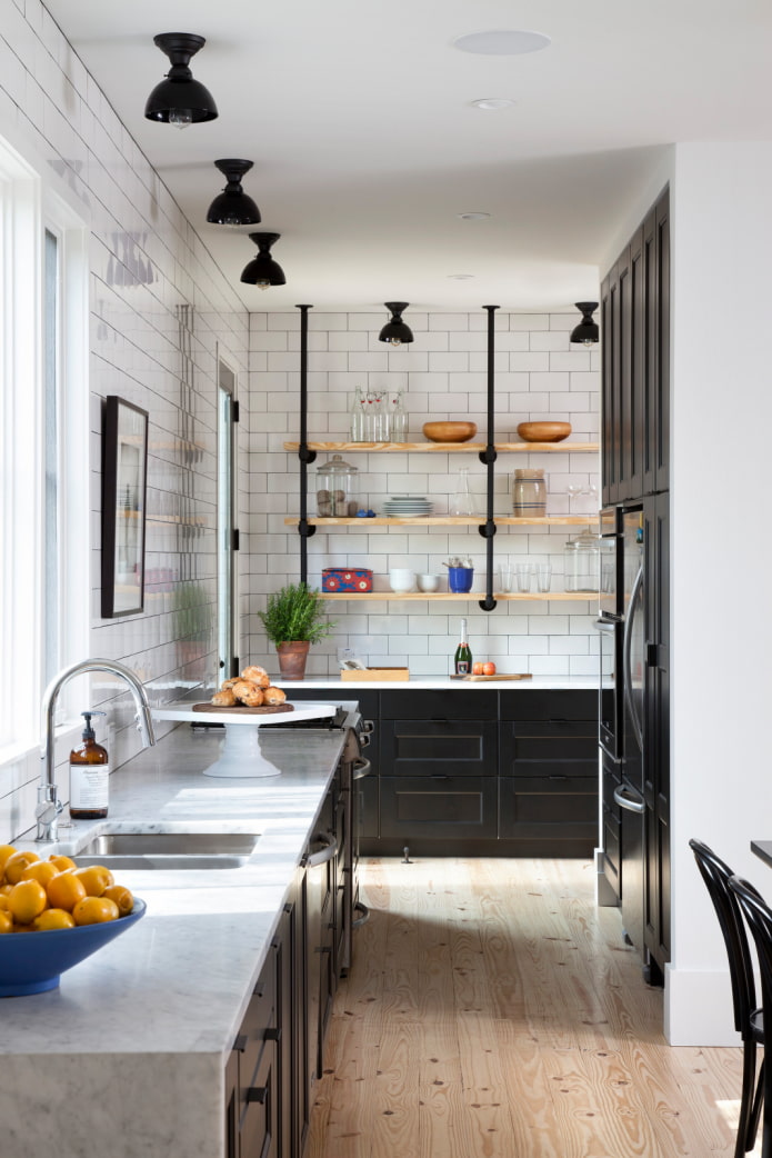 narrow single-tier kitchen