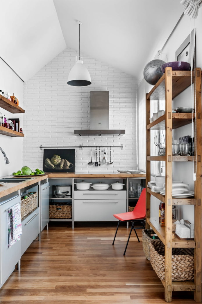 narrow kitchen with shelves