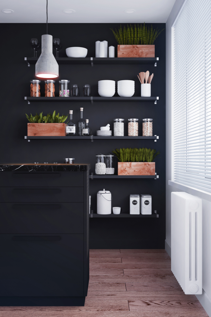 wall with shelves in the kitchen