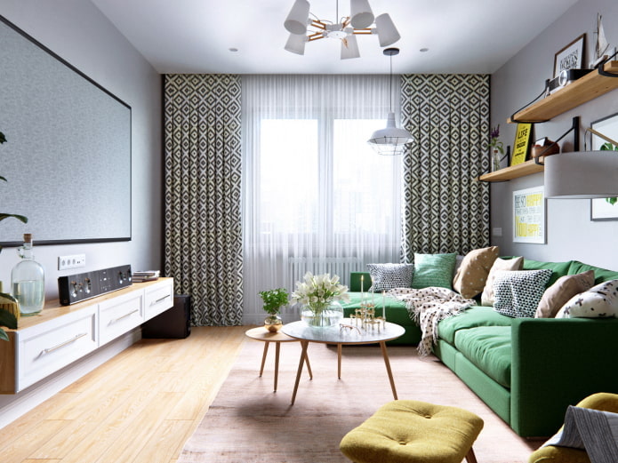bright room with green sofa