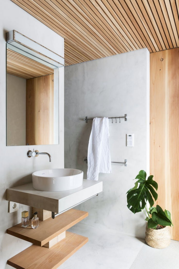 concrete and wood in the bathroom