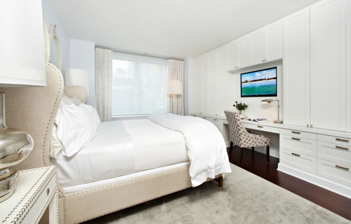 white bedroom with wardrobes