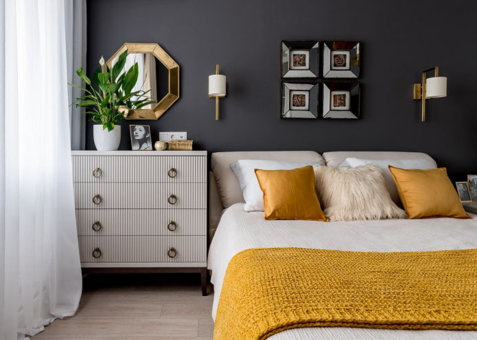 mustard accents on the bed
