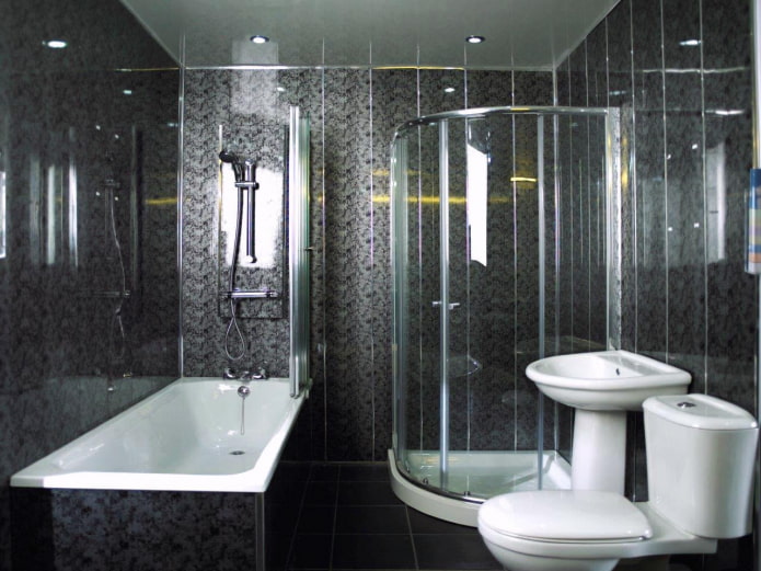bathroom finished with black plastic panels