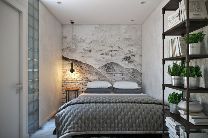 black and white photo wallpaper on the wall in the bedroom, decorated in the loft style